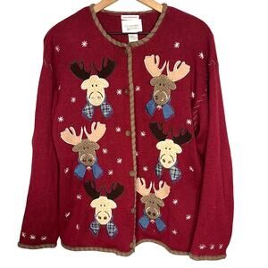 Womens Christmas Cardigan Sweater Large Reindeer Knit Hand Embroidered Ramie Red